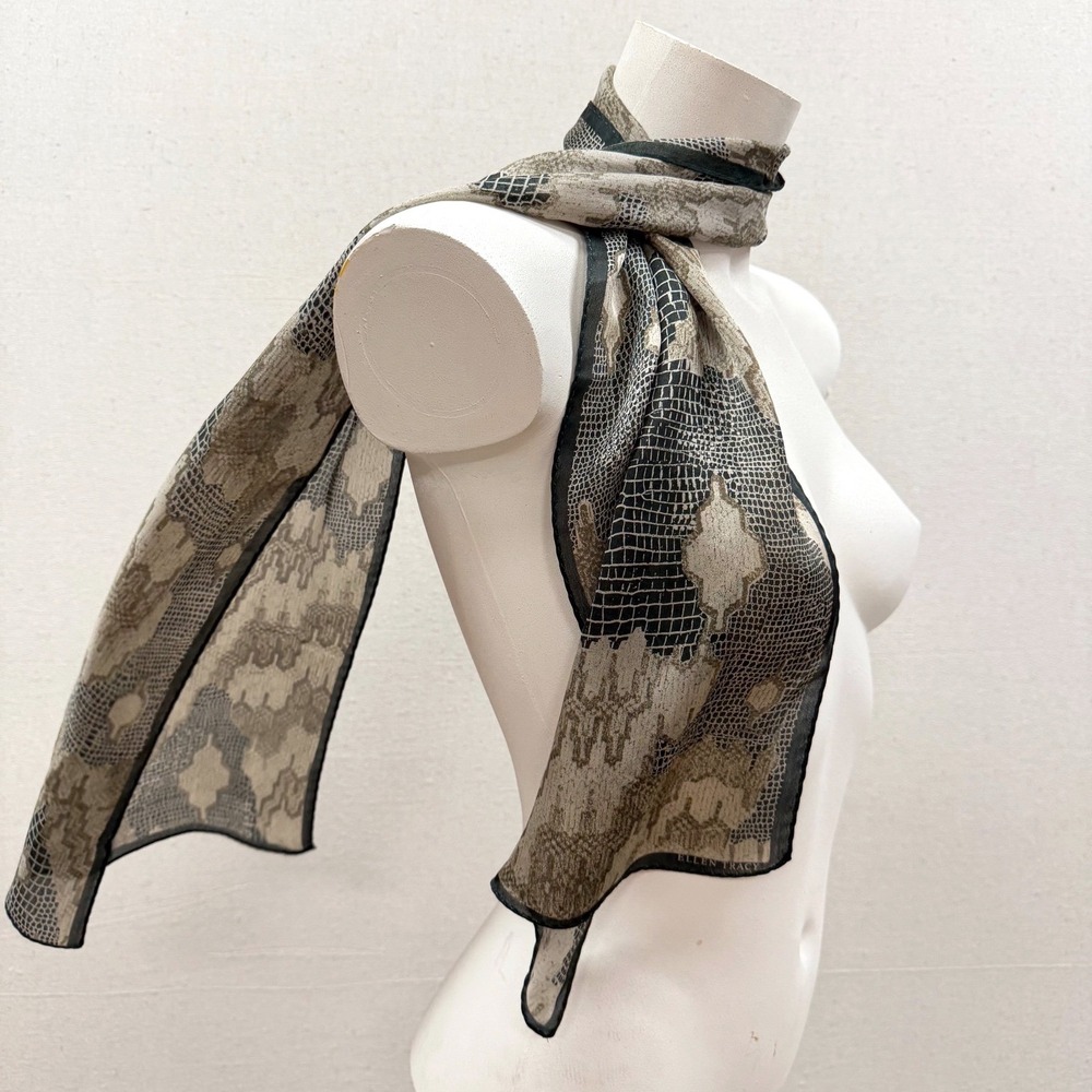 Ellen Tracy Silk Scarf Animal Print Snakeskin Crocodile Tan Black Long Green